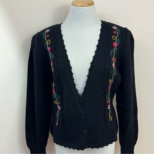Susan Bristol Vintage Black Wool Sweater Granny Core Embroidered Floral M